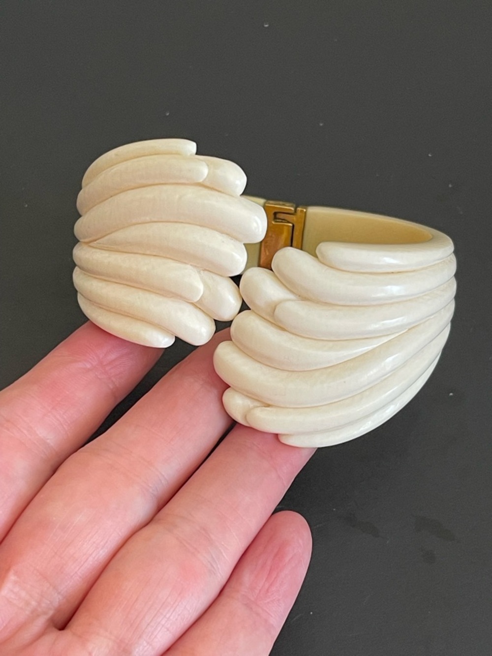 Vintage gold over silver hand carved genuine Ivory bangle bracelet. - Picture 11 of 14